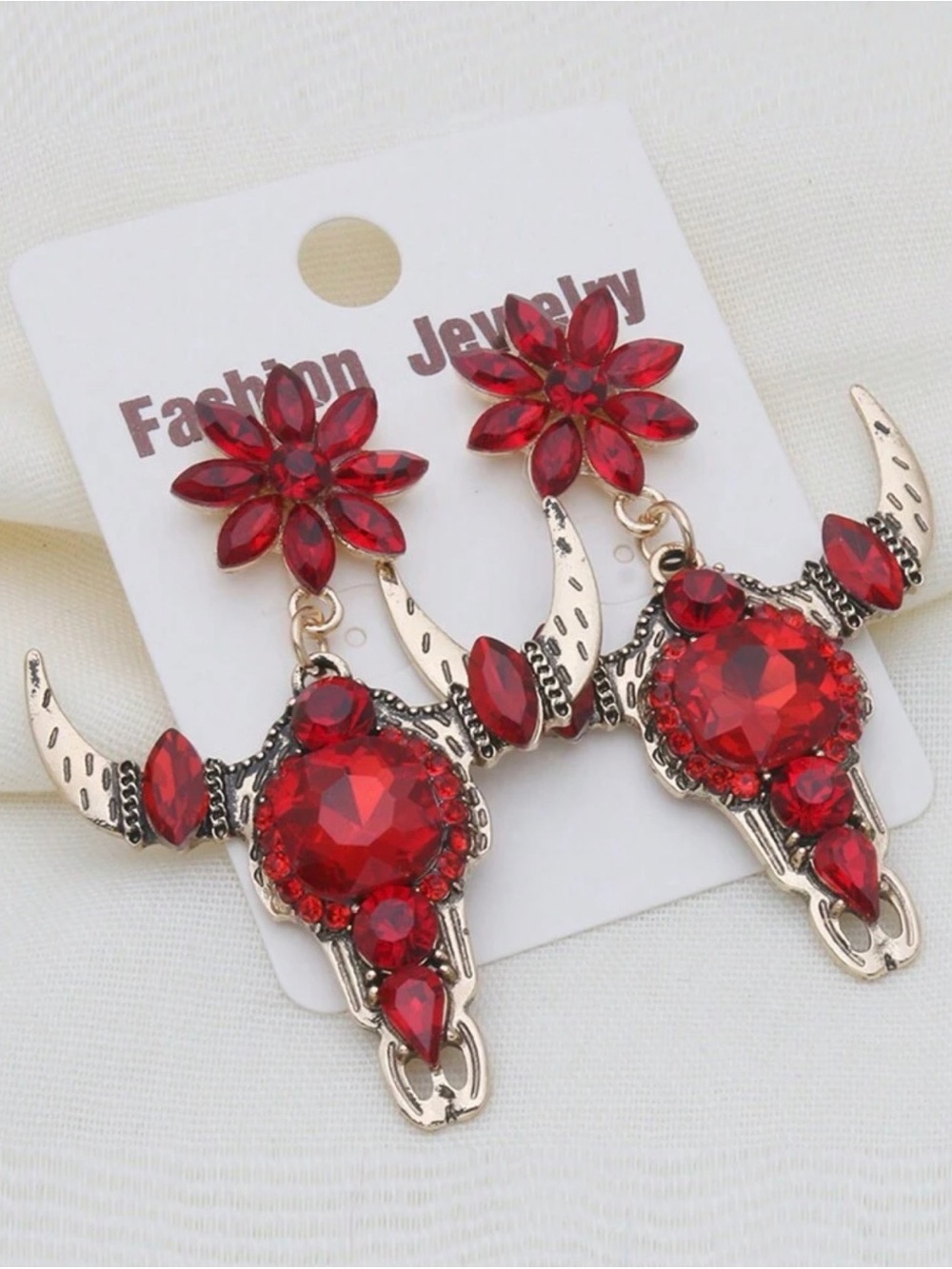Red Crystal Bull Skull Drop Earrings - Fashion Jewelry